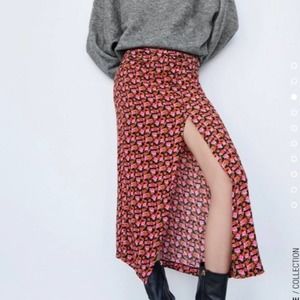 ZARA PRINTED MIDI SKIRT BLACK